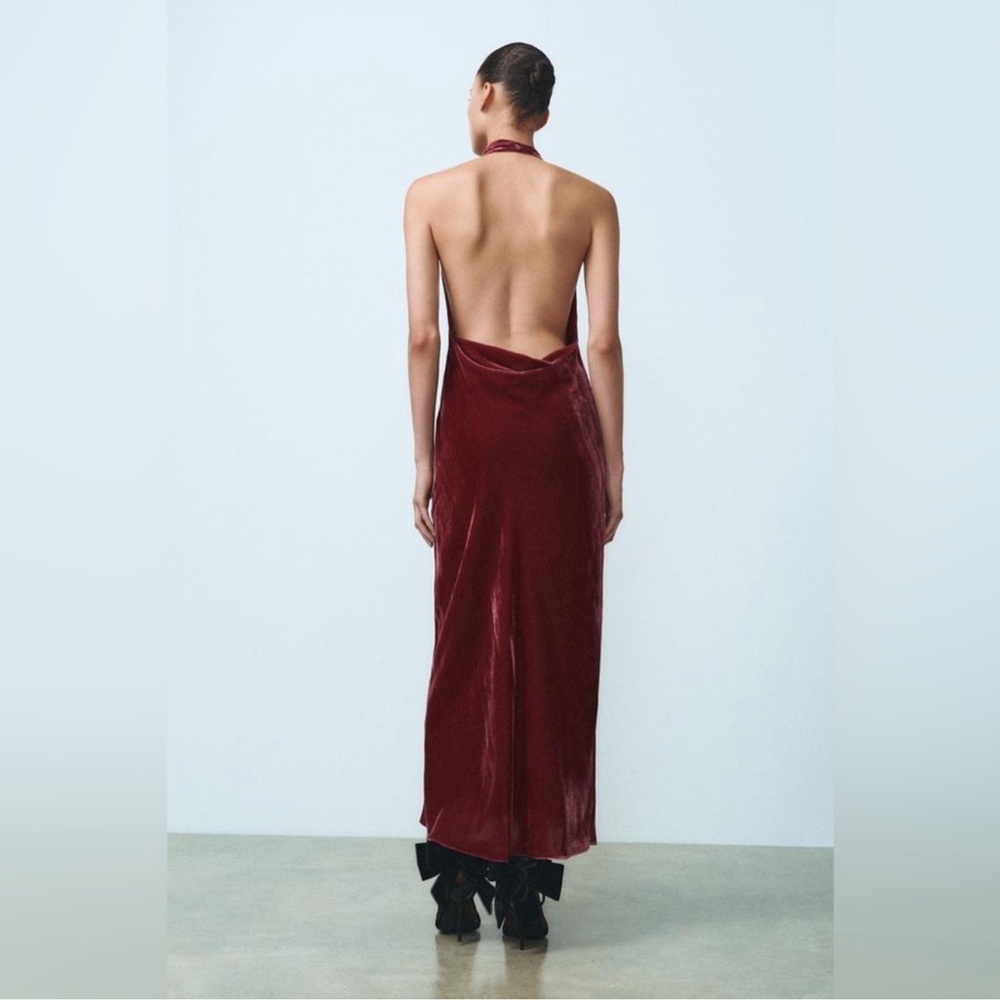 NWOT Zara Raspberry Pink Velvet Maxi Dress Halter Neck Open Back Size XS - Picture 5 of 9